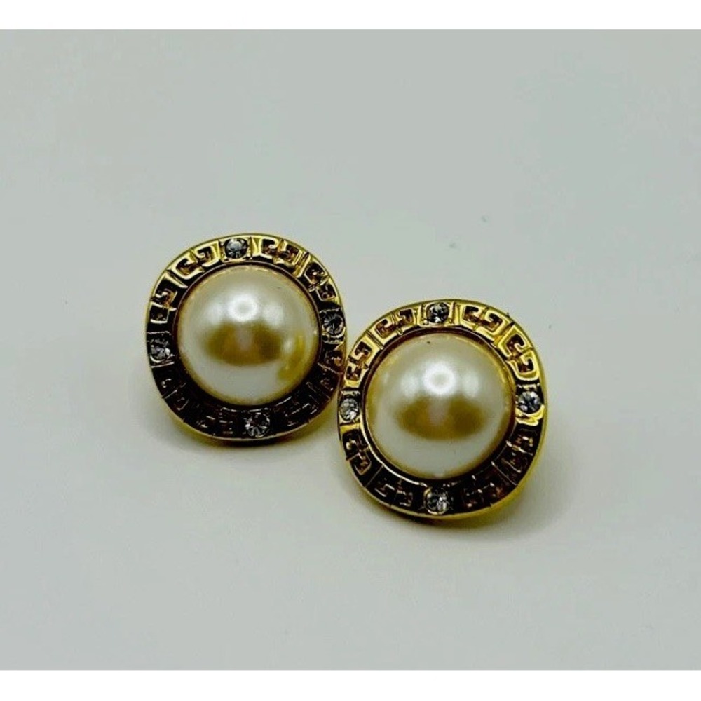 Vintage Givenchy Faux Pearl Gold Tone Stud Earrings | Rhinestone Greek Key Halo